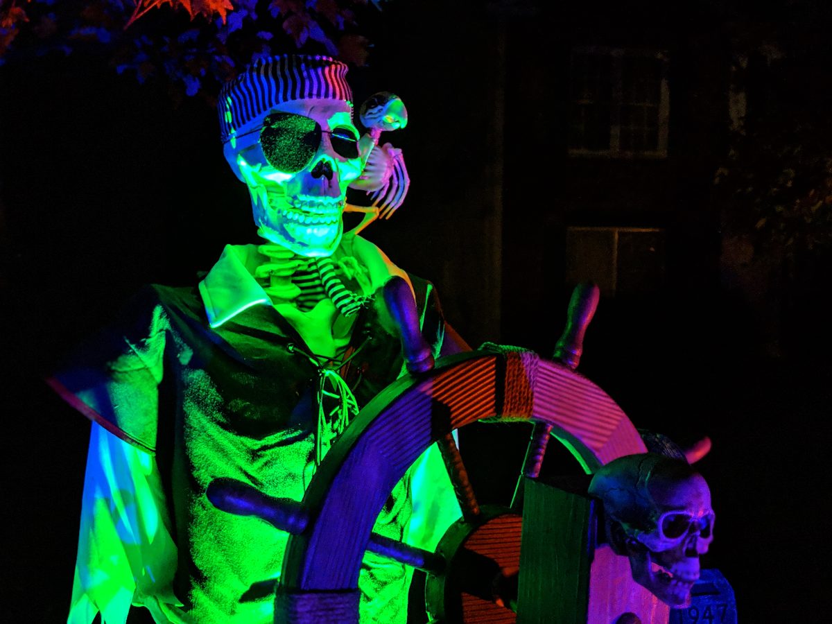 Skeleton pirate at the ship’s wheel, lit green
